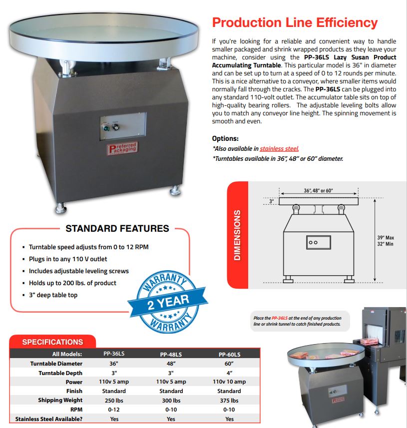 PP-48LS (48”) Diameter Lazy Susan product accumulator